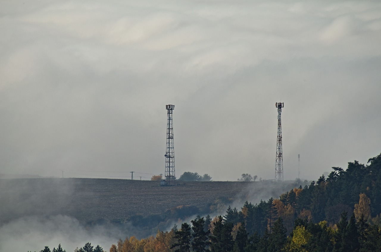 Communications towers in a rural setting.