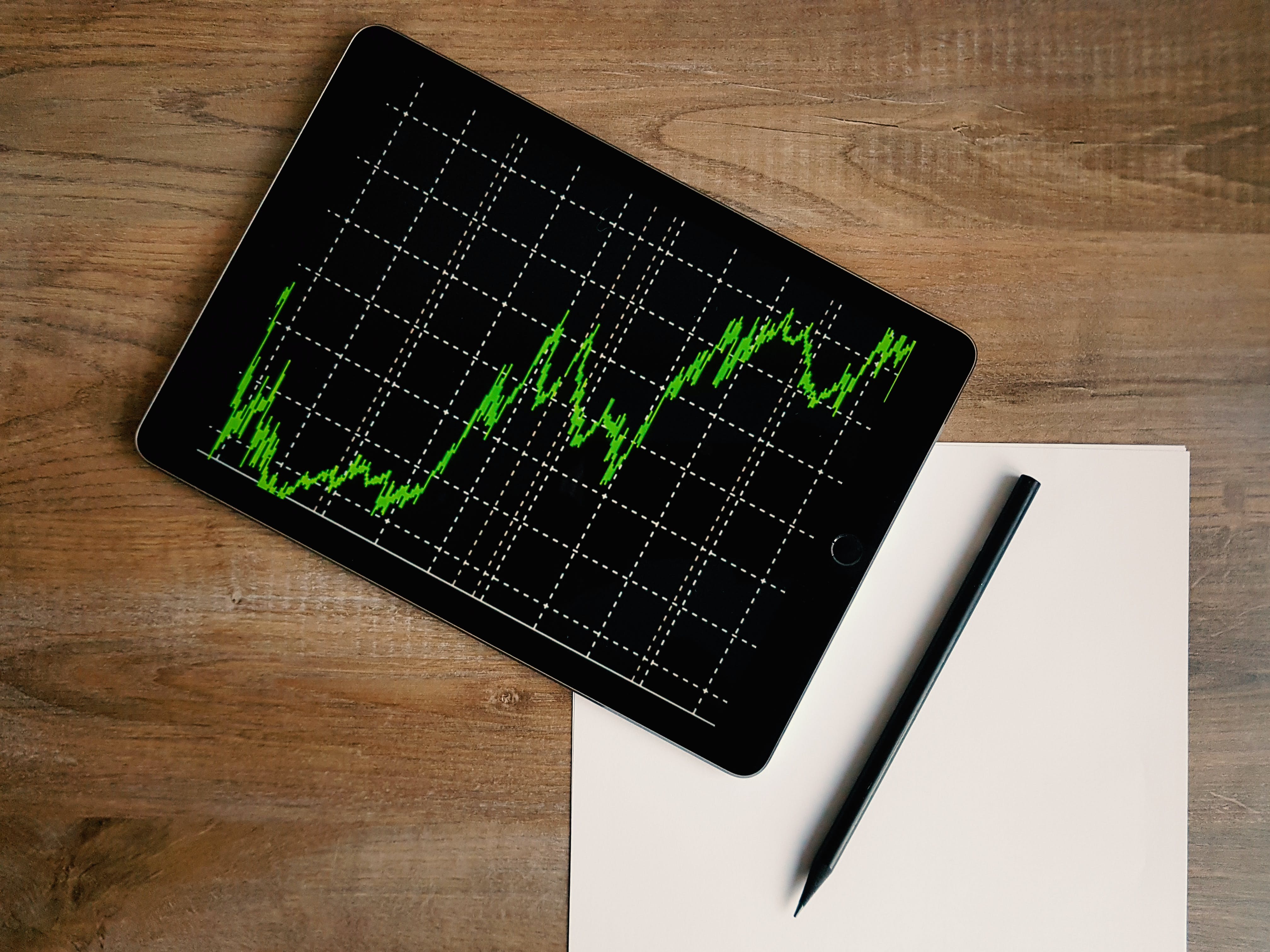 Photo showing stocks and a blank piece of paper.