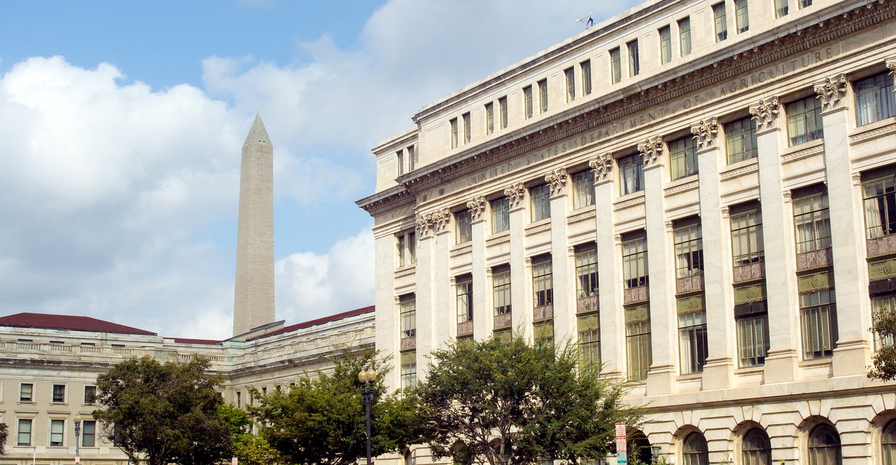 The Dept. of Agriculture and the Washington Monument in Washington, D.C.