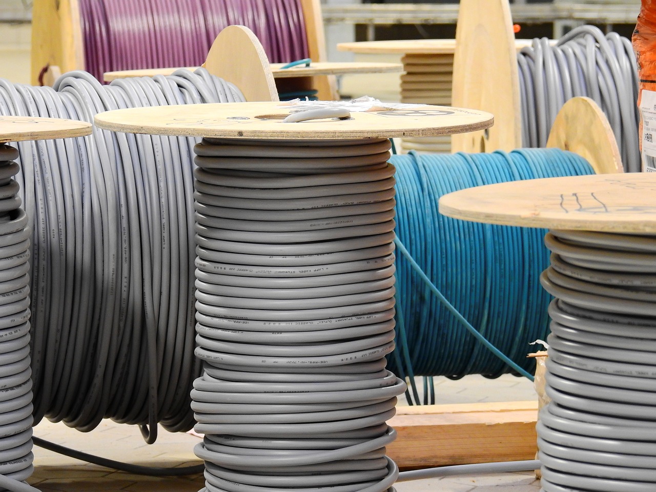 Cable drums in a warehouse.