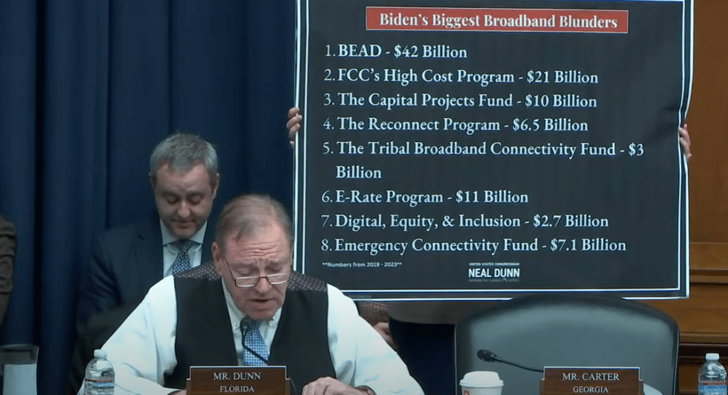 Rep. Neal Dunn, a Florida Republican, speaks as a poster lists "Biden's Biggest Broadband Blunders" at a March 5 hearing held by the Subcommittee on Communications and Technology of the Committee on Energy and Commerce. Source: YouTube screenshot