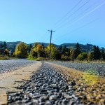 a gravel road with trees in the background