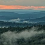 A captivating aerial view of a forest landscape at sunset, enveloped in mist and fog.