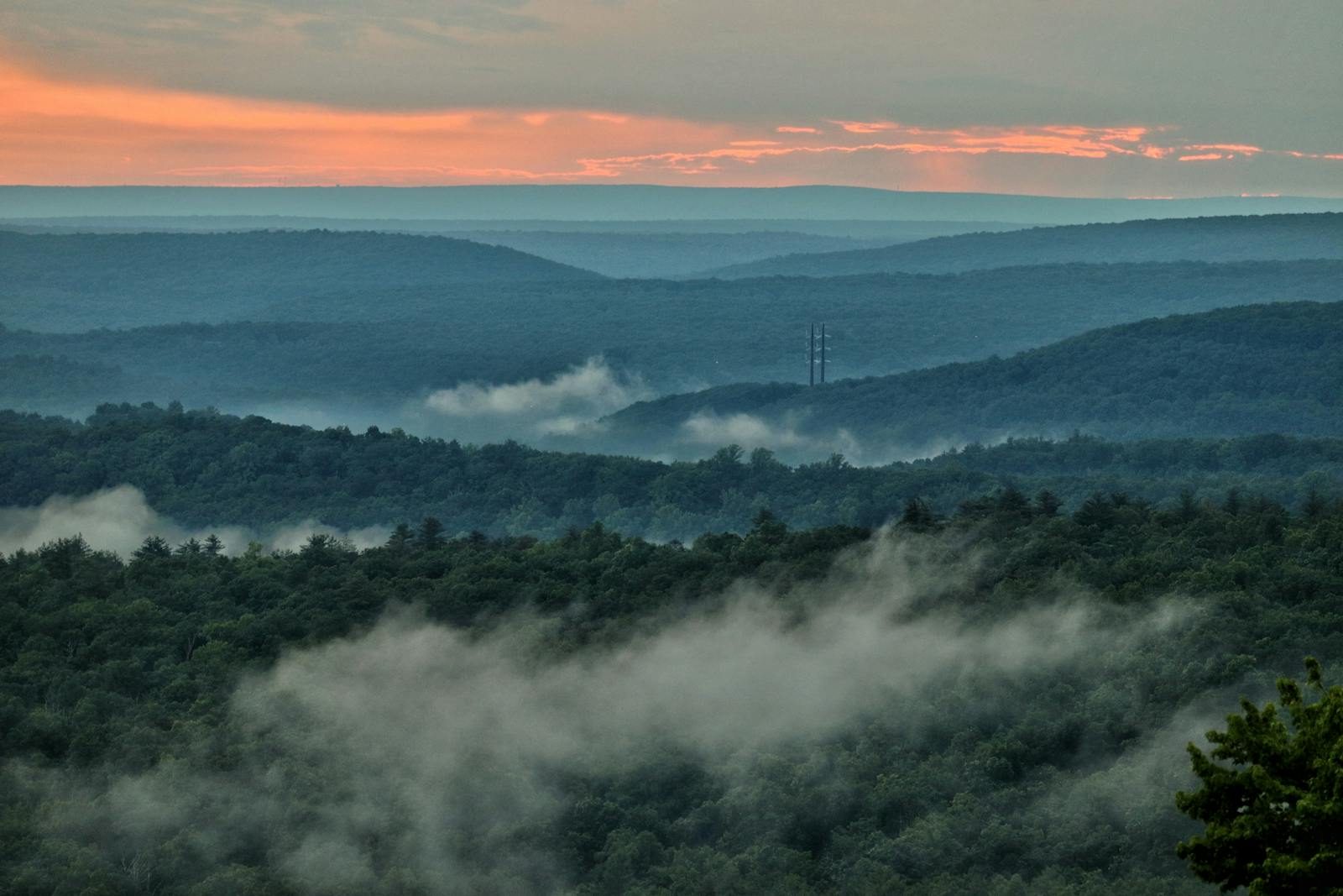 A captivating aerial view of a forest landscape at sunset, enveloped in mist and fog.