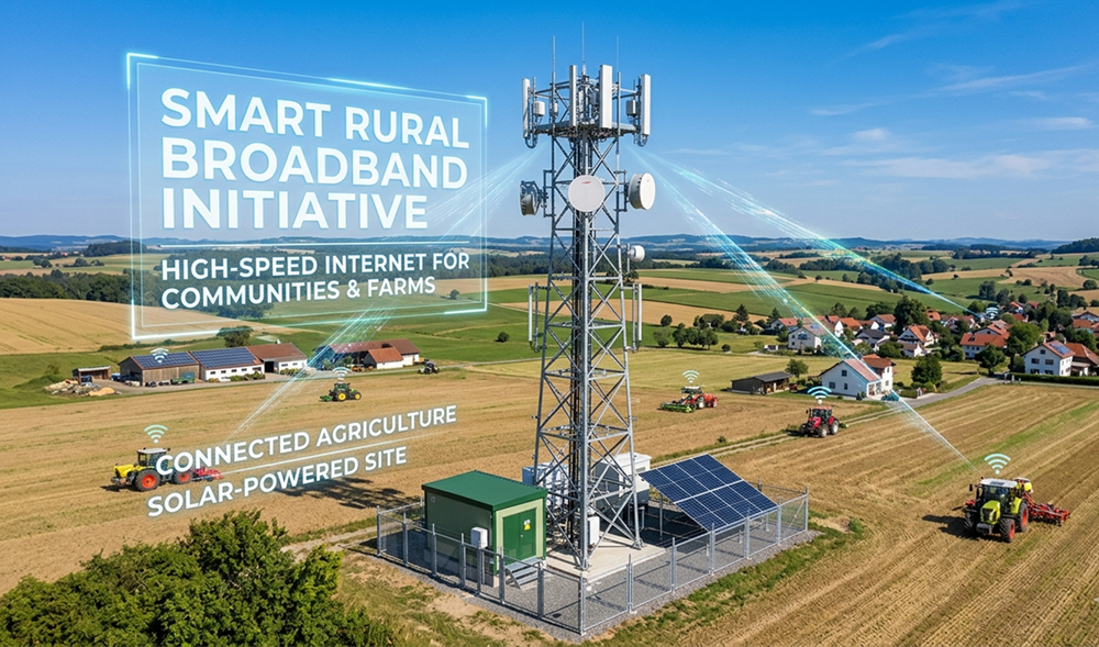Growth Market Reports graphic showing a rural broadband tower