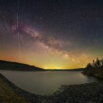 Milky way galaxy and shooting star over the lake.