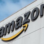 The amazon logo is displayed on a building.