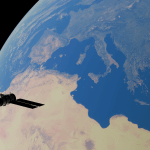 A satellite orbiting Earth, showcasing the Mediterranean Sea and surrounding continents.