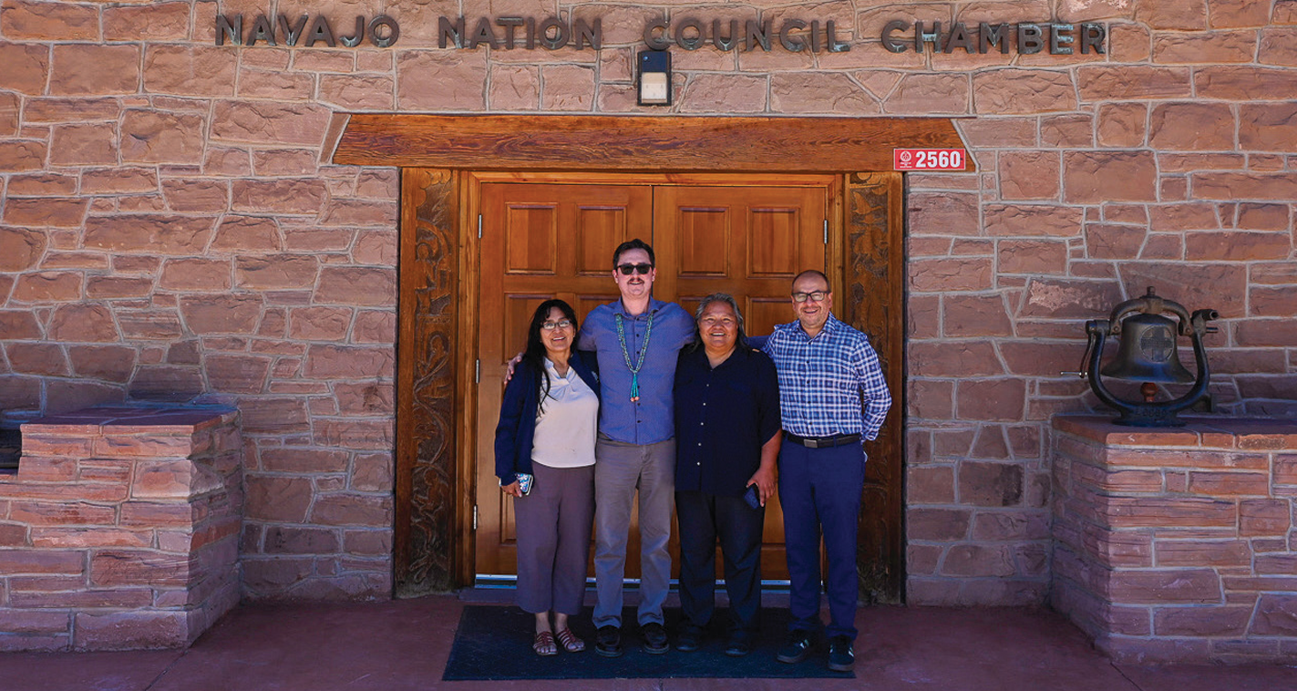 Left to right: Navajo Nation Broadband Office Sr. Programs and Projects Specialist Laura Johnson, Council Delegate Carl R. Slater, Broadband Office Department Manager Sonia Nez, and Americas Communication CEO Bernardo Portilla.