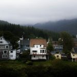 Houses nestled at the base of a forested mountain under a cloudy sky